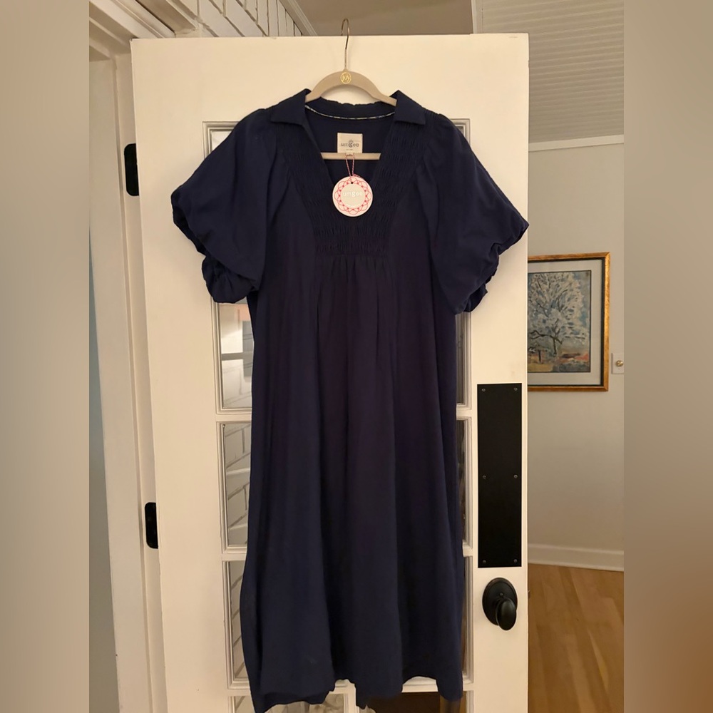 Umgee Navy Blue Smocked Yoke Midi Dress with Puff Sleeves/ NWT